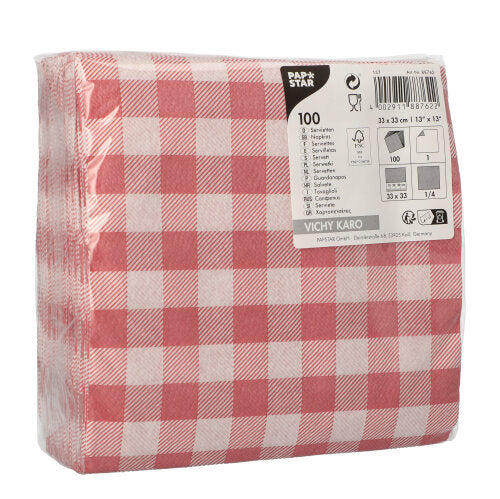 Eine Packung mit 100 PAPSTAR 1-lagigen Servietten (33x33cm, rot/weiß kariert), eingeschweißt in FSC-zertifiziertem Kunststoff mit mehrsprachiger Info, Marke PAPSTAR GmbH, Materialangaben und Produktsymbolen auf der Verpackung.