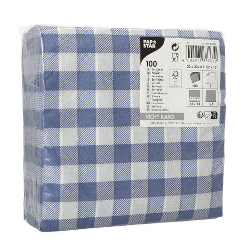 100 Stück PAPSTAR-Servietten 1-lagig, 33 x 33 cm, blau-weiß kariert, umweltfreundlich und FSC-zertifiziert, in klarer Kunststoffverpackung mit sichtbarem Branding der PAPSTAR GmbH und Produktangaben auf der Vorderseite.