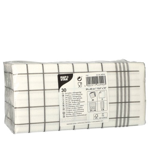 Eine folienverpackte Packung mit 30 2-lagigen weißen Küchenservietten „PUNTO“ (39x40 cm, mikrogeprägt, 1/8-Falz) der PAPSTAR GmbH verfügt über ein sichtbares Frontetikett mit Produktdetails und Barcodes.