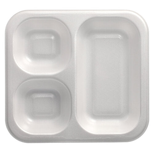 Die Starpak 50 Siegelschalen sind weiße, laminierte XPS-Schalen (4,2 x 24,5 x 26,5 cm) mit drei Fächern – zwei kleine Quadrate links und ein großes Rechteck rechts – von oben leer dargestellt, perfekt für den Einsatz in der Gastronomie.