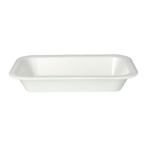 Die Starpak 100 Siegelschalen sind schlichte, rechteckige, weiß laminierte XPS-Lebensmittelschalen mit leicht erhöhten Rändern von Starpak – ideal für den Einsatz in der Gastronomie und auf dem Foto vor weißem Hintergrund abgebildet.
