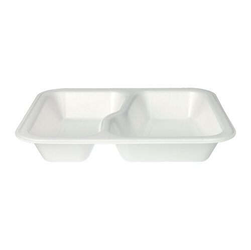 Die Starpak 100 Siegelschalen, eine weiß laminierte XPS-Schale mit zwei separaten Fächern von Starpak, sind rechteckig und von vorne vor einem schlichten Hintergrund dargestellt.