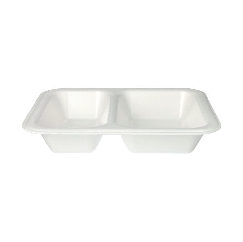 Die Starpak 100 Siegelschalen, eine weiße, rechteckige XPS-Lebensmittelschale mit zwei Fächern und laminierter Oberfläche von Starpak, werden vor einem schlichten weißen Hintergrund präsentiert.