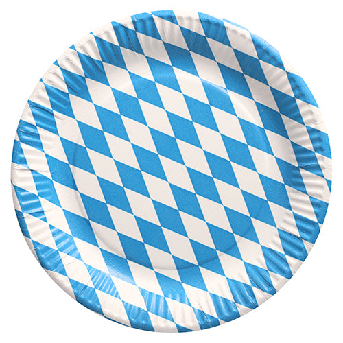 Der PAPSTAR 50 Teller, Pappe rund Ø 23 cm der PAPSTAR GmbH besticht durch sein blau-weißes Rauten-Design im bayerischen Stil und das umweltfreundliche Einwegmaterial und ist somit ideal für Feste und Feiern.