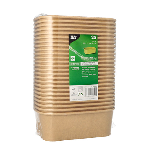 Ein Bündel aus 25 PAPSTAR Verpackungsbechern, rechteckig und braun aus Pappe, ist plastikverpackt und trägt ein grünes Label mit Infos und Symbolen für biobasierte, nachhaltige Materialien von PAPSTAR GmbH.