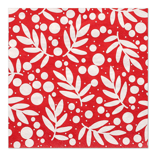 PAPSTAR 30 Servietten, 3-lagig, 1/4-Falz, 33 x 33 cm von PAPSTAR GmbH: Rote quadratische Servietten mit weißem Blattmuster und Punkten. Dreilagig für zusätzliche Stabilität und stilvolle Tischdekoration.