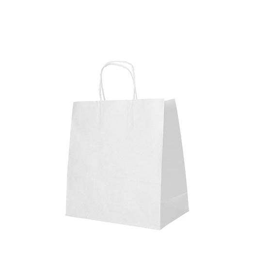 Eine PAPSTAR 25 Tragetaschen, Papier mit gedrehtem Tragegriff der PAPSTAR GmbH steht aufrecht auf weißem Untergrund. Die abgewinkelten Seiten der schlichten weißen Tasche betonen ihr schlichtes, praktisches Design und die umweltfreundliche Papierkonstruktion.