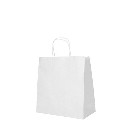 Die PAPSTAR 25 Tragetaschen der PAPSTAR GmbH sind eine schlichte weiße Einkaufstasche aus Papier mit gedrehtem Tragegriff, die aufrecht vor einem weißen Hintergrund steht. Sein minimalistisches Design macht es ideal für umweltfreundliches Einkaufen.