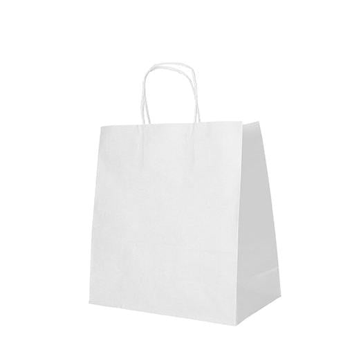 Eine PAPSTAR 25 Tragetaschen, Papier mit gedrehtem Tragegriff von PAPSTAR GmbH steht aufrecht auf weißem Hintergrund.