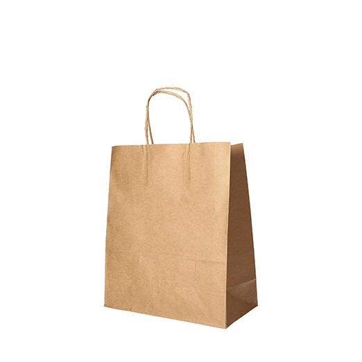 Die PAPSTAR 25 Tragetaschen der PAPSTAR GmbH sind braune Einkaufstüten aus Papier mit umweltfreundlichem Design und gedrehtem Tragegriff, aufrecht stehend vor einem weißen Hintergrund dargestellt.