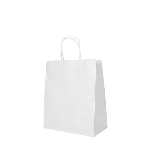 Die PAPSTAR 25 Tragetaschen aus Papier mit gedrehtem Tragegriff von PAPSTAR GmbH stehen aufrecht vor weißem Hintergrund.
