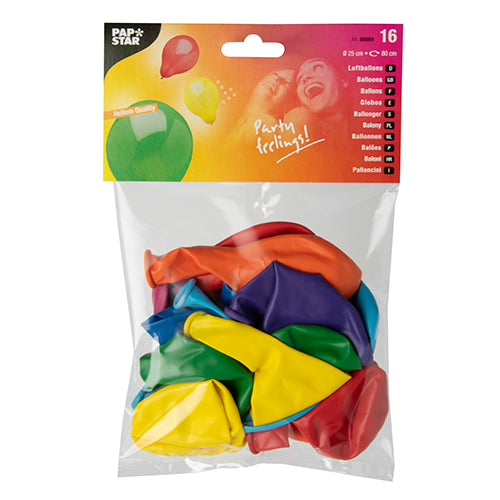 Die 16 Luftballons Ø 25 cm farbig sortiert der PAPSTAR GmbH kommen in einer Marken-Plastiktüte mit „Partyfeeling!“ und lachenden Menschen mit Luftballons – ideal für Hochzeiten und Feiern.