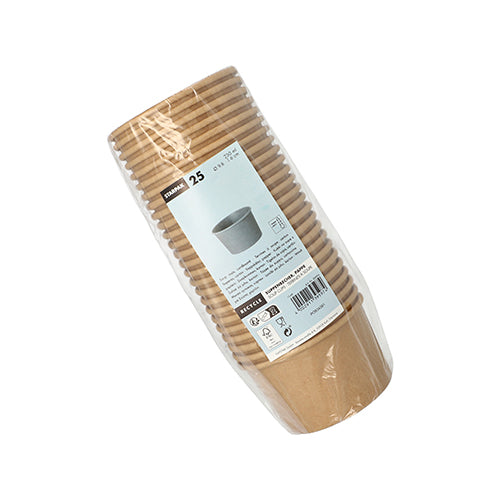 Eine Packung mit 25 Starpak Suppenbechern aus brauner Pappe (230 ml, rund Ø 9,8 cm, Höhe 6 cm) ist in Folie verpackt und trägt ein weiß-blaues Etikett mit Produktinfos und einem Bild eines einzelnen Bechers.