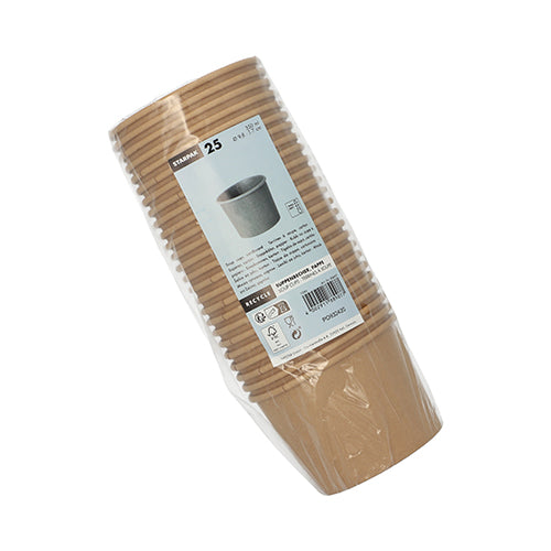 Eine 25er-Packung Starpak Suppenbecher aus brauner Pappe (350 ml, Ø 9,8 cm, H 7 cm), plastikverpackt. Das Etikett zeigt einen Becher mit Markeninformationen und Nutzungshinweisen; Die gestapelten Becher vor weißem Hintergrund.