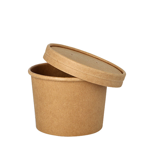 Ein Starpak Suppenbecher aus brauner Pappe (rund, 350 ml, Ø 9,8 x 7 cm), mit passendem Deckel, leicht gekippt am Rand des offenen, umweltfreundlichen Bechers (Verpackung: 25 Stück), vor weißem Hintergrund.