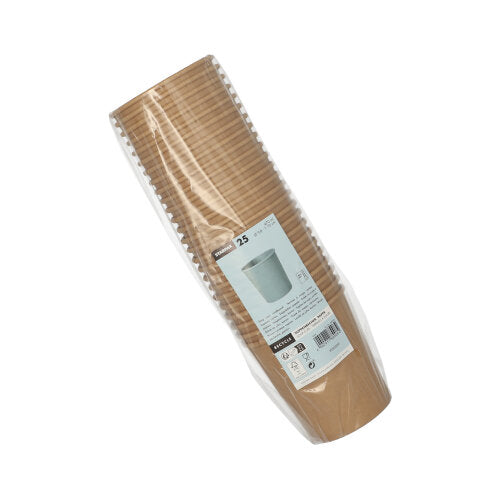 Eine versiegelte Kunststoffpackung mit 25 braunen Starpak Suppenbechern aus Pappe (470 ml, Ø9,8x10 cm) zeigt Produktdetails, eine Becherabbildung und Verwendungssymbole auf dem Etikett.