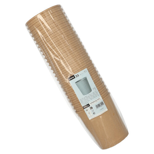 Ein Set mit 25 runden braunen Starpak Suppenbechern (Ø 11,5 cm) aus Pappe im Klarsichtbeutel mit weißem Etikett und Cup-Illustration – ideal zum Genießen oder Mitnehmen von Suppenspeisen.