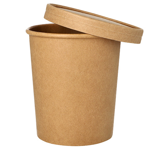Der Starpak 25 Suppenbecher aus brauner Pappe (Ø 11,5 cm) mit passendem Deckel ist ideal für Suppen unterwegs. Auf weißem Hintergrund betont es die praktische, schlichte Lösung von Starpak.