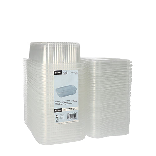 Auf weißem Untergrund ist ein Stapel klarer, rechteckiger Starpak 50 Verpackungsbecher mit Klappdeckeln, PP transparent, abgebildet. Das Frontetikett kennzeichnet die 50er-Packung der Marke Starpak.