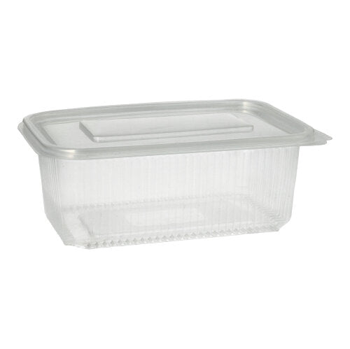 Der Starpak 50 Verpackungsbecher mit Klappdeckeln, PP transparent rechteckig, ist leer auf weißem Hintergrund abgebildet. Dieser durchsichtige rechteckige Behälter mit gerippten Seiten und passendem Deckel eignet sich perfekt zum Aufbewahren oder Präsentieren verschiedener Lebensmittel.