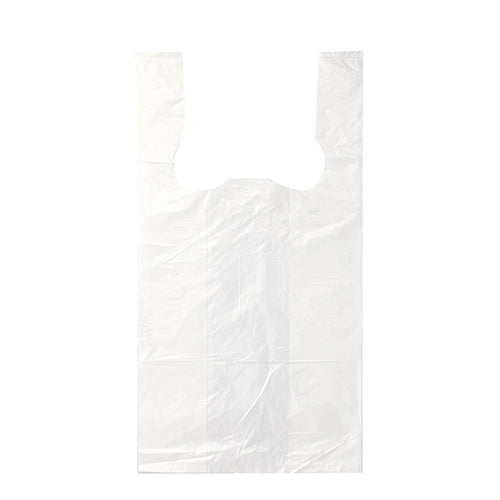 Eine Starpak 200 Hemdchen-Tragetasche, HDPE weiss, mit Griffen wird flach vor einem weißen Hintergrund gezeigt, wodurch die subtilen Falten und Knicke der leeren Tasche hervorgehoben werden.