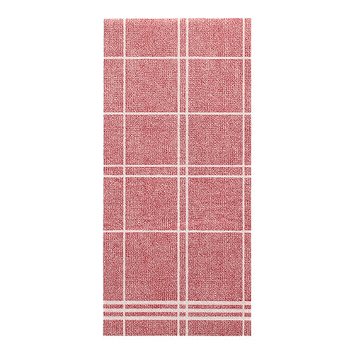 Eine rote rechteckige Serviette der PAPSTAR GmbH aus der ROYAL Collection (48 cm x 33 cm, 1/6-Falz) weist ein weißes Gittermuster mit gleichmäßigen Linien und einer leicht rauen Struktur auf.