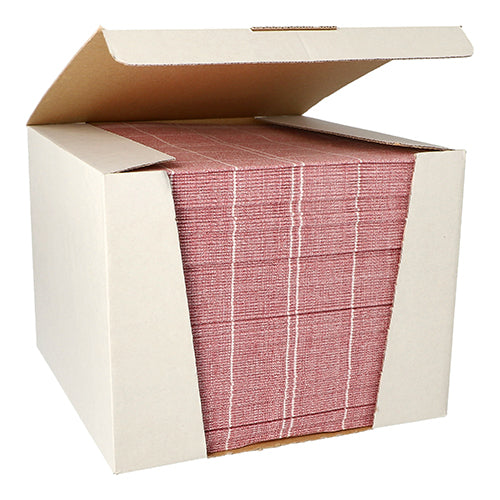 In einem großen, offenen Karton liegt ein Stapel PAPSTAR 100 Servietten „ROYAL Collection“ 1/4-Falz 40x40 cm der PAPSTAR GmbH, rot mit weißen Streifen, aus hochwertigem Material, übersichtlich angeordnet und teilweise von vorne sichtbar.