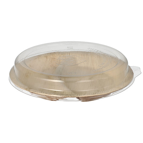 Das Starpak 10 Teller Palmblatt 2-geteilt 300 ml Ø 23 cm · 5,3 cm mit rPET-Deckel „Kombipack“ besteht aus umweltfreundlichen, unterteilten Tellern mit durchsichtigen Deckeln, die sicher zusammenpassen und auf einem weißen Hintergrund abgebildet sind.