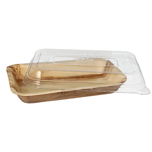Das Starpak 10 Schalen Palmblatt mit rPET-Deckel „Kombipack“ besteht aus umweltfreundlichen Schalen aus Palmblatt mit natürlicher Holzmaserung und transparenten Deckeln aus recyceltem PET, die leicht schräg gestaltet sind, um sowohl die nachhaltige Schale als auch den transparenten Deckel hervorzuheben.