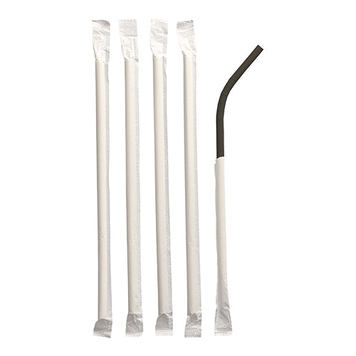 Fünf einzeln gehüllte PAPSTAR 100 Papiertrinkhalme (Ø 6 mm, 20 cm, flexibel) der PAPSTAR GmbH liegen auf weißem Hintergrund – vier sind gerade, einer ist am oberen Ende gebogen.