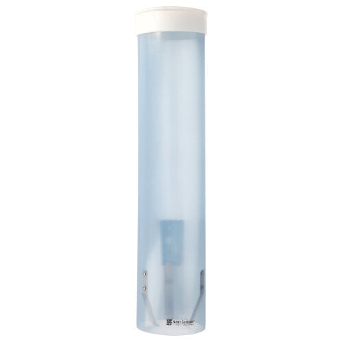 Ein transparenter Starpak Becherspender, PS Ø 8,5 cm x 42 cm, mit weißem Deckel und zwei Metallklammern am Boden, steht vertikal vor weißem Hintergrund. Marke: Starpak.