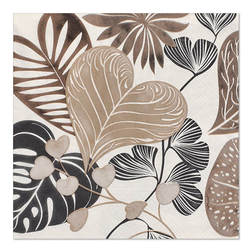 Die PAPSTAR 20 Servietten, 33 cm x 33 cm, 3-lagig von PAPSTAR GmbH zeigen ein botanisches Blattdesign in Braun, Taupe und Schwarz mit filigranen Liniendetails auf strahlend weißem Hintergrund.