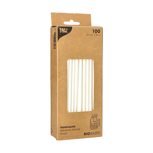 Abgebildet ist ein brauner Karton der PAPSTAR 100 Trinkhalme, Papier Ø 6 mm der PAPSTAR GmbH mit durchsichtigem Frontfenster und mehrsprachig bedruckten Produktdetails.