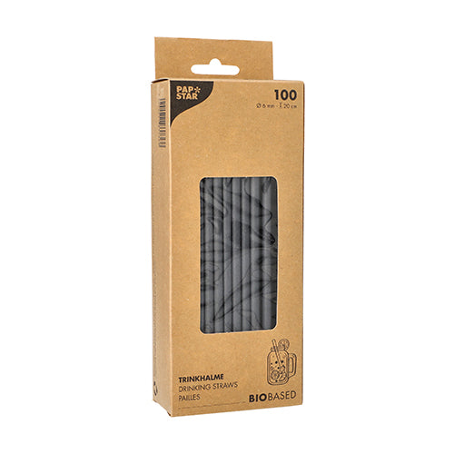 Eine braune Pappschachtel von PAPSTAR 100 Trinkhalme, Papier Ø 6 mm von PAPSTAR GmbH zeigt durch ein Klarsichtfenster schwarze Strohhalme im Inneren. Die Packung enthält 100 nachhaltige Papierstrohhalme (0,6 cm x 21 cm), mit deutschem, französischem und englischem Text.