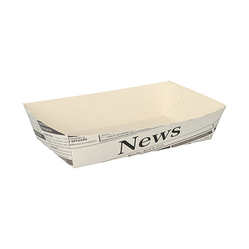 Die 50 Pommes-Frites-Schalen „Zeitungsdruck“ der PAPSTAR GmbH sind rechteckige, weiße Snackschalen mit aufgedrucktem Zeitungsdruck – ideal zum Servieren bei Grillpartys. Die leere Schale ist auf einem schlichten weißen Hintergrund abgebildet.