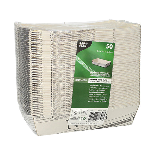 Ein Stapel von 50 weißen PAPSTAR Pommes-Frites-Schalen „Newsprint“ der PAPSTAR GmbH, in Folie verpackt mit grün-weißem Öko-Etikett – ideal für Grillpartys.