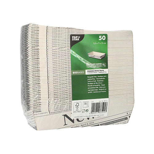 Eine eingeschweißte Packung mit 50 weißen, rechteckigen, biologisch abbaubaren Pommes-Frites-Schalen „Newsprint“ der PAPSTAR GmbH, jeweils 3,5 x 7 x 1,5 cm groß, mit Produktdetails und Öko-Symbolen auf einem grünen Etikett – perfekt für Grillpartys.