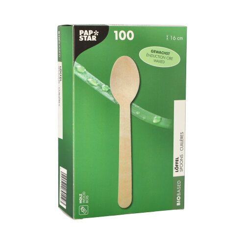 Die „pure“-Box der PAPSTAR GmbH enthält 100 umweltfreundliche, gewachste Holzlöffel (16 cm) für den Gastronomiebedarf. Die grüne Box zeigt einen Löffel und Wassertropfen auf einem Stiel.