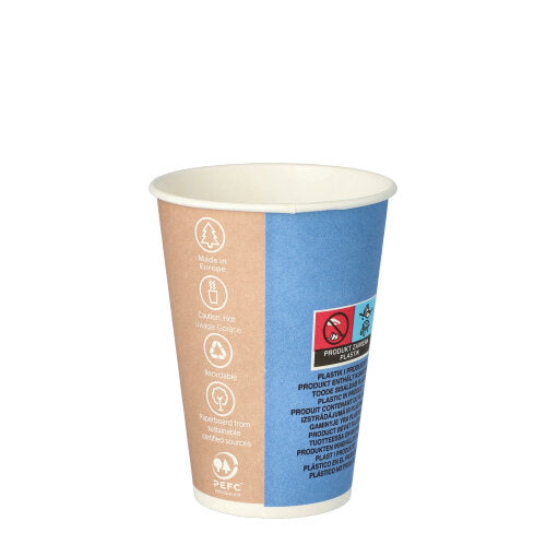 Der Starpak 100 Trinkbecher "To Go" (0,18 l, Ø 7,01 cm, 9,2 cm), ein Pappbecher mit umweltfreundlichem braun-blauem Design sowie Produktinformation und Warnhinweis, steht aufrecht vor einem schlichten weißen Hintergrund. Packung mit 100 Stück.