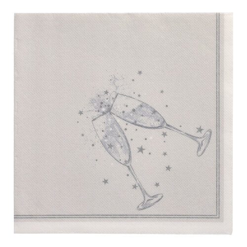 Die PAPSTAR 20 Servietten "ROYAL Collection" (40x40 cm, 1/4-Falz) von PAPSTAR GmbH ist eine weiße Serviette mit grauem Rand, verziert mit zwei klirrenden Sektgläsern und Sternenmotiven. Hergestellt aus weichem, elegantem Premium-Tissue.
