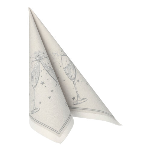 Die PAPSTAR GmbH 20 Servietten "ROYAL Collection" (1/4-Falz, 40x40 cm) zeigen eine weiße Serviette mit zwei anstoßenden Sektgläsern, Sternen, Seifenblasen und einem schmalen Rand - eine ideale Tischdekoration.