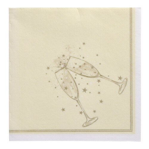 Die PAPSTAR 20 Servietten "ROYAL Collection" 1/4-Falz 40x40 cm der PAPSTAR GmbH zeigen ein beigefarbenes Design mit zwei klirrenden Sektgläsern, Goldrand und kleinen Goldsternen - ideal für eine elegante Tischdekoration.