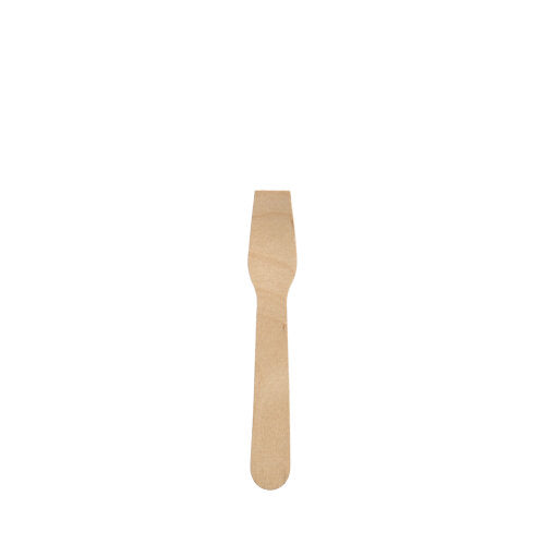 Ein einzelner PAPSTAR Eislöffel aus dem „puren“ 9,4 cm großen gewachsten Holz-Set ist mittig auf weißem Untergrund abgebildet und verfügt über einen flachen Griff und eckige Zinken.