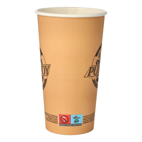 Ein hoher, brauner PAPSTAR 50 Papp-Trinkbecher (0,5 l) der PAPSTAR GmbH mit aufgedrucktem Text, teilweise kreisförmigem Logo und Warnsymbolen in Bodennähe steht auf weißem Hintergrund.