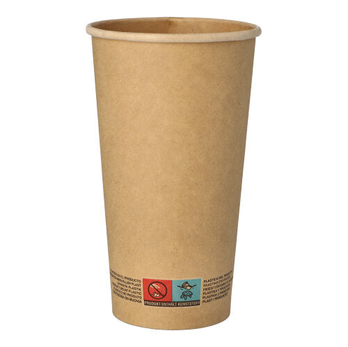 Der PAPSTAR 50 Trinkbecher, Pappe 0,5 l der PAPSTAR GmbH ist ein schlichter brauner Einwegbecher mit leicht ausgestelltem Rand. Am Boden befinden sich kleine Symbole und Texte. Der Fotohintergrund ist weiß.