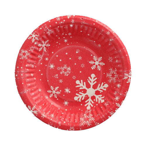Eine Pappschale rund Ø 19 cm „Winter Time“ (Folie, 50 Stück) der PAPSTAR GmbH zeigt ein rotes FSC-zertifiziertes Design mit weißen Schneeflocken und Punkten, von oben auf weißem Hintergrund dargestellt.