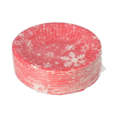 Ein Stapel runder Pappteller „Winterzeit“ (Ø 19 cm, 3 cm) der PAPSTAR GmbH, FSC-zertifiziert, mit weißem Schneeflocken-Motiv, in Folie verpackt – ideal für winterliche Feiern (50 Stück).