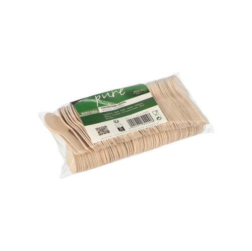 Eine durchsichtige Kunststoffverpackung enthält 150 PAPSTAR Fingerfood-Löffel, Holz „pure“ (7,6 cm) der PAPSTAR GmbH, mit einem grün-weißen Etikett mit Produktinformationen und Barcodes, was ihr umweltfreundliches Design unterstreicht.