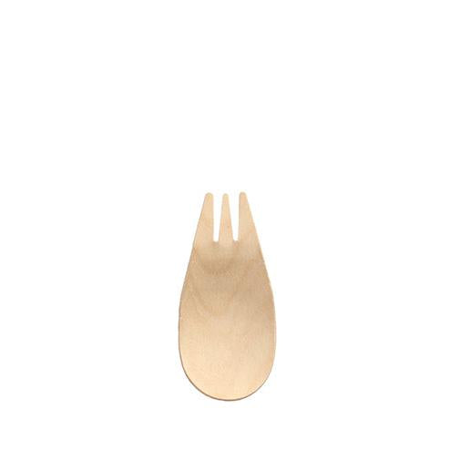 Auf schlichtem weißem Hintergrund ist ein einzelnes PAPSTAR 150 Fingerfood-Göffel Holz „pure“ (8,2 cm) der PAPSTAR GmbH mit breitem, flachem Körper und zwei Zinken zur Kombination von Gabel- und Löffelfunktionen abgebildet. Umweltfreundlich und biologisch abbaubar.