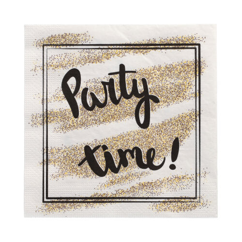 Die PAPSTAR GmbH 20 Servietten, 33 cm x 33 cm, 3-lagig, Design Set 2 Servietten zeigen "Party time!" in fetter schwarzer Schrift und goldenen Glitzerakzenten auf weißem Hintergrund mit zweizeiligem schwarzem Rand.